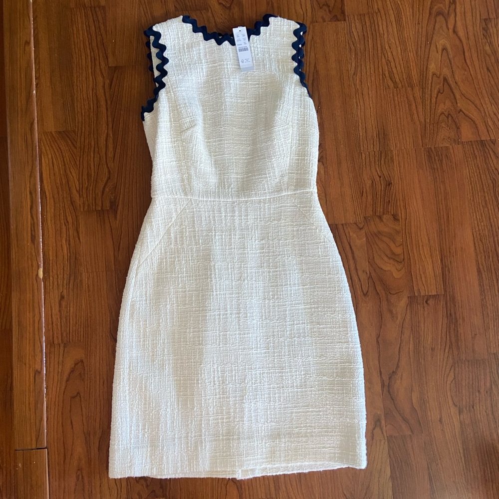 J. Crew Cream Textured Tweed Sheath Dress with Navy Rick Rack Trim